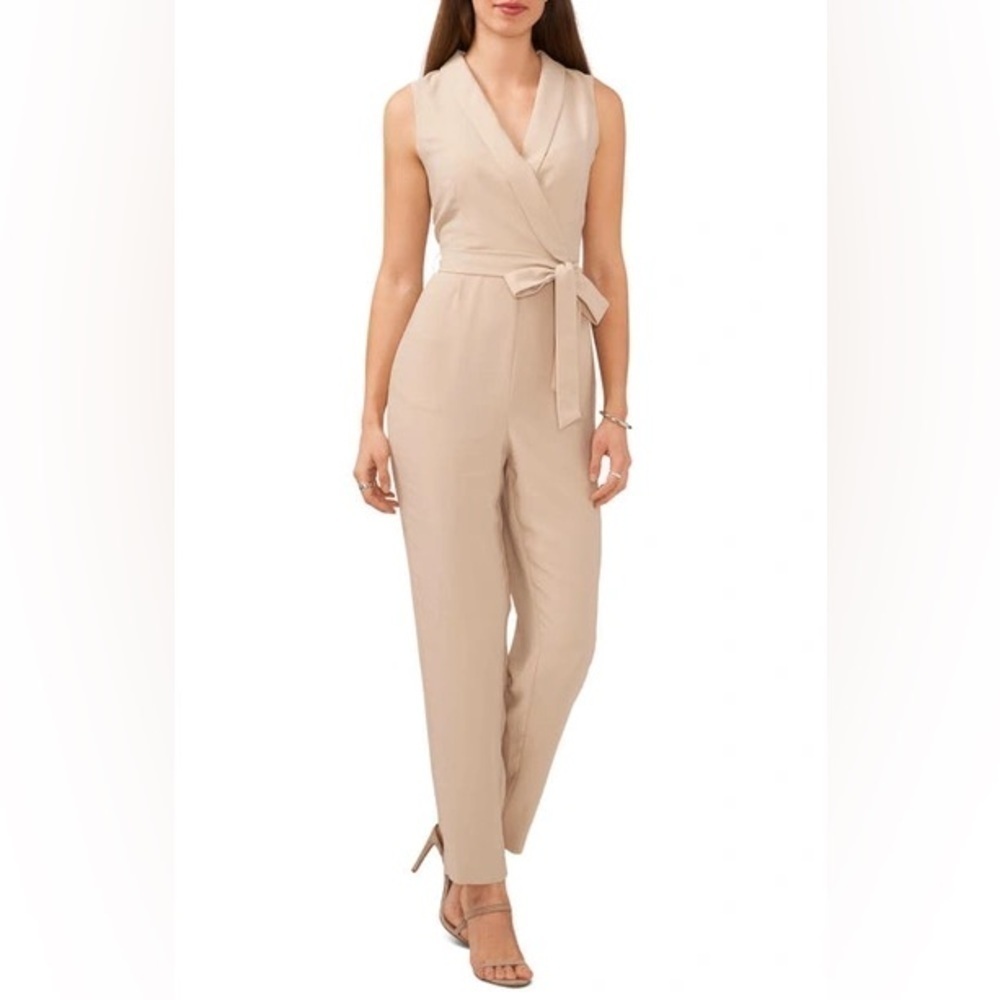 NWT Halogen Tie Waist Surplice V Neck Jumpsuit Sleeveless Oxford Tan Sz XS